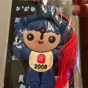 NWOT 2008 Beijing Olympic blue mascot w/red silk knotted hanging tassel
